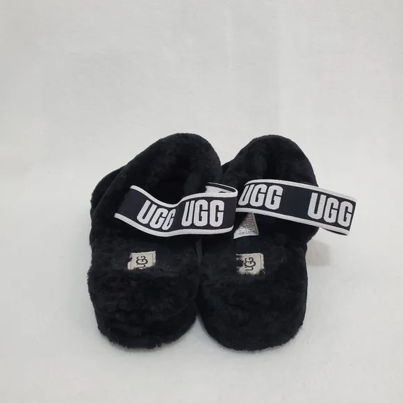 Ugg Oh Yeah Black/White Slingback Fur Slipper Sandals - Picture 4 of 6
